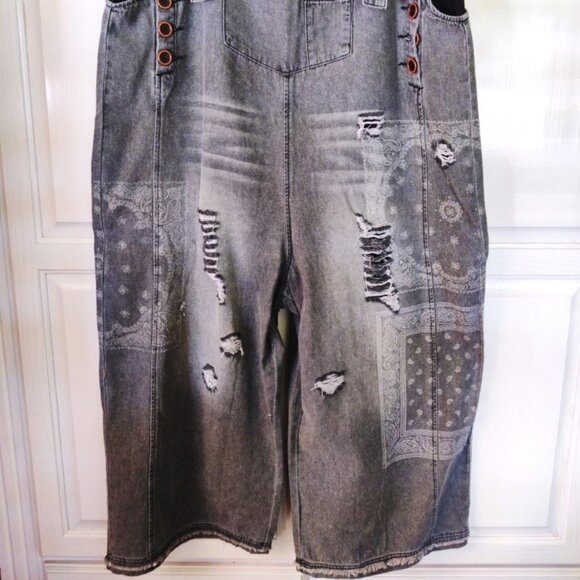 Easel Black Denim Distressed Wash Oversized Wide Leg Overalls SZ Large 14-18 NWT - Picture 10 of 15